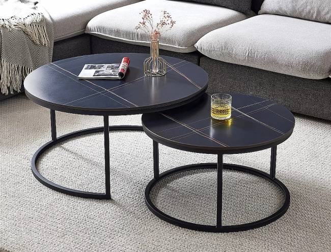ΣΕΤ ΤΡΑΠΕΖΑΚΙA SATURN Φ80x42+Φ50x37 ΣΕ ΧΡΩΜΑ ΜΑΥΡΟ & ΑΣΠΡΟ ΜΑΡΜΑΡΟ